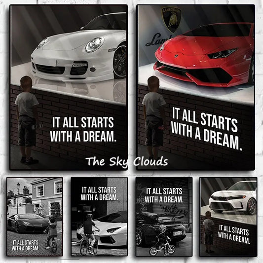 Luxury Black  White Lamborghini Supercar Canvas Art  It All Starts with A Dream HD Print Wall Decor for Office  Home